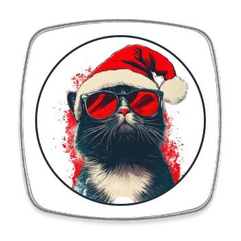 Chat cool avec lunettes de soleil Chapeau de Père Noël - Magnet carré - blanc - Devant