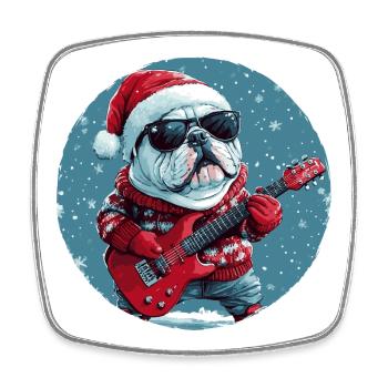 Bulldog Dog Christmas Guitar - Square fridge magnet - white - Front