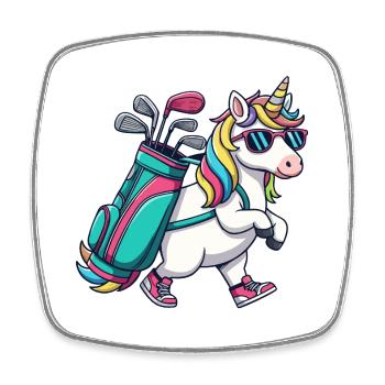 Lustiger Einhorn-Golfer Cartoon Cooles Golftier - Viereckiger Kühlschrankmagnet - Weiß - Vorne