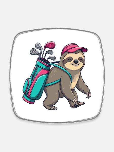 Dessin animé paresseux de golf, animal de golf cool - Magnet carré - blanc