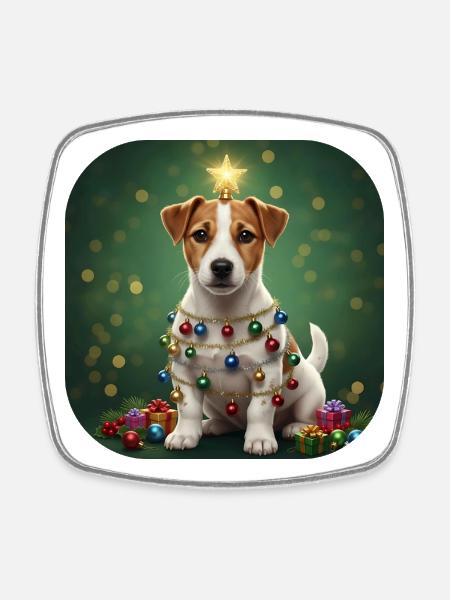 Starry Pup Wrapped in Garland - Square fridge magnet - white