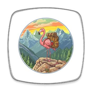 Cute Flamingo Hiking Camping Mountain Adventure - Square fridge magnet - white - Front