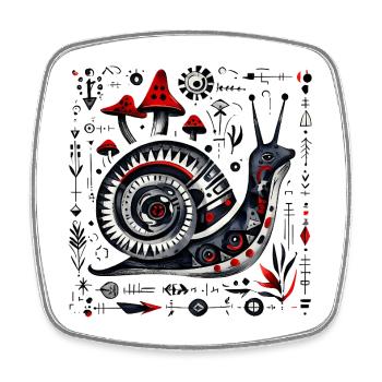 Folk Art Snail with Mushrooms – Retro Design - Square fridge magnet - white - Front
