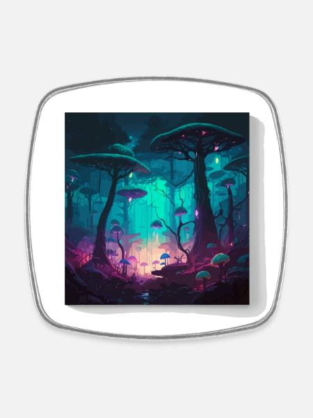 Neon Forest of Glowing Mushrooms - Square fridge magnet - white