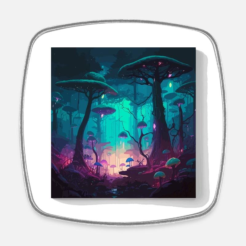 Neon Forest of Glowing Mushrooms - Square fridge magnet - white