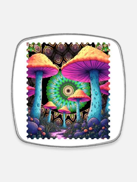 Psychedelic mushrooms in the mandala forest - Square fridge magnet - white