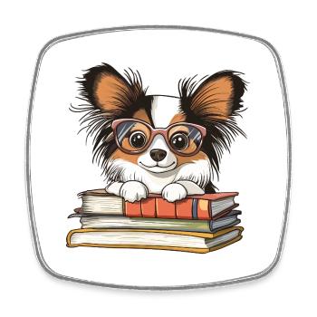 Süßes Papillon-Hundelesebuch mit Brille - Viereckiger Kühlschrankmagnet - Weiß - Vorne