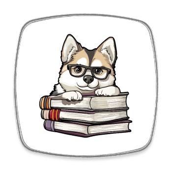 Un mignon livre de lecture de chien Akita avec des lunettes - Magnet carré - blanc - Devant
