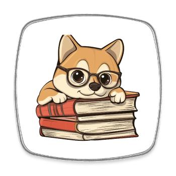 Mignon livre de lecture de chien Shiba Inu avec des lunettes - Magnet carré - blanc - Devant