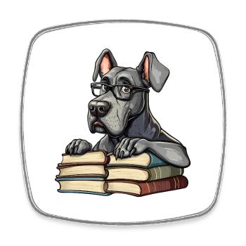 Mignon livre de lecture de chien dogue allemand avec lunettes - Magnet carré - blanc - Devant