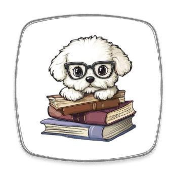 Mignon livre de lecture de chien Bichon Frisé avec lunettes - Magnet carré - blanc - Devant