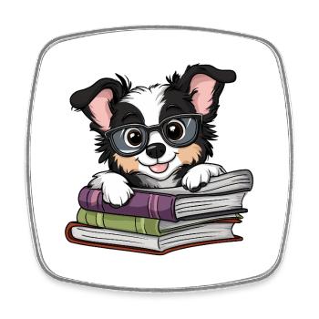 Niedliches Collie-Hundelesebuch mit Brille - Viereckiger Kühlschrankmagnet - Weiß - Vorne