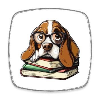 Mignon livre de lecture pour chiens basset hound avec lunettes - Magnet carré - blanc - Devant