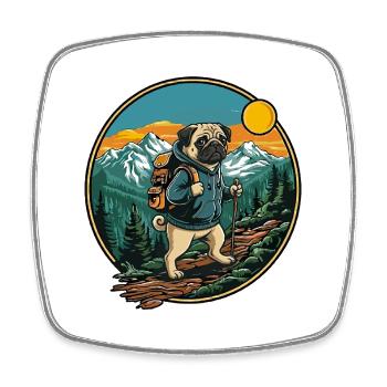 Cute Pug Hiking Camping Mountain Adventure - Square fridge magnet - white - Front