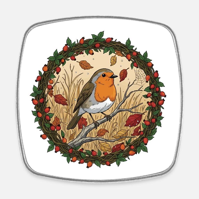 Autumn robin in a wreath - Square fridge magnet - white