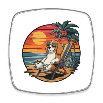 Funny Beagle Dog on Beach Summer Vacation Sunset - Square fridge magnet - white - Front