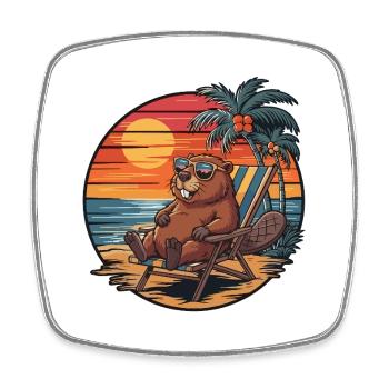 Funny Beaver on Beach Summer Vacation Sunset - Square fridge magnet - white - Front