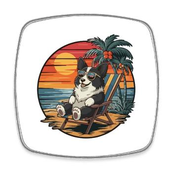 Chien border collie drôle sur la plage au coucher de soleil d’été - Magnet carré - blanc - Devant