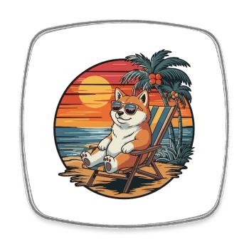 Funny Akita Dog on Beach Summer Vacation Sunset - Square fridge magnet - white - Front