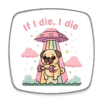 Cute pug with dumbbell in UFO - Square fridge magnet - white - Front