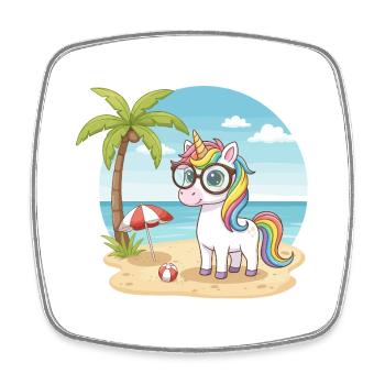 Vacances d’été à la plage avec une licorne mignonne avec des lunettes - Magnet carré - blanc - Devant