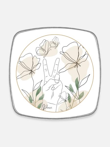 Peace - Hand and Blossoms - Line Art - peace - Square fridge magnet - white