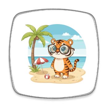 Cute Tiger with Glasses Beach Summer Vacation - Square fridge magnet - white - Front