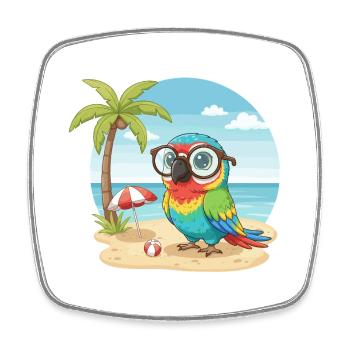 Cute Parrot with Glasses Beach Summer Vacation - Square fridge magnet - white - Front