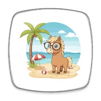 Cute Horse with Glasses Beach Summer Vacation - Square fridge magnet - white - Front