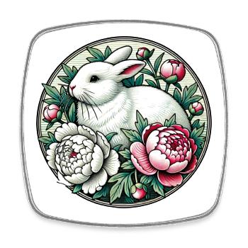 White Rabbit in Floral Peony Circle - Square fridge magnet - white - Front