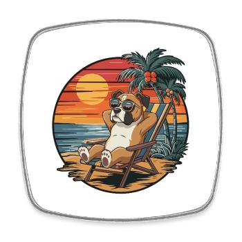 Funny Boxer Dog on Beach Summer Vacation Sunset - Square fridge magnet - white - Front