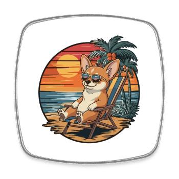 Funny Chihuahua Dog on Beach Summer Sunset - Square fridge magnet - white - Front