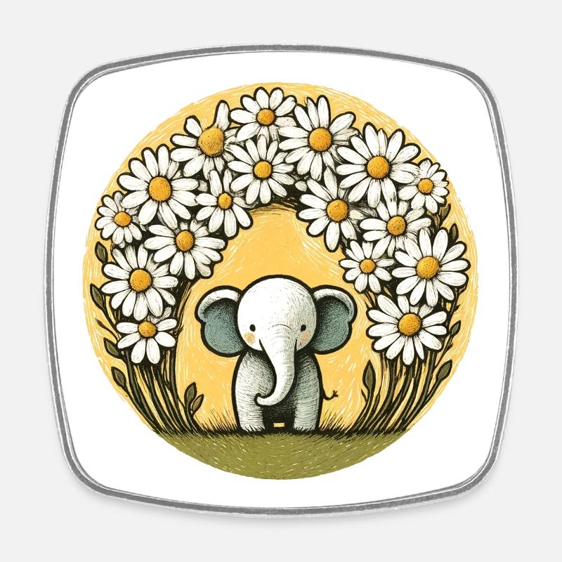 Elefant im Gänseblümchen-Ring - Viereckiger Kühlschrankmagnet - Weiß