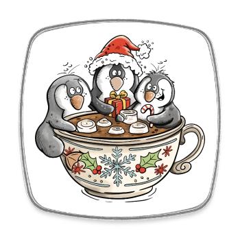 Mignons manchots de Noël dans une tasse de cacao - Magnet carré - blanc - Devant