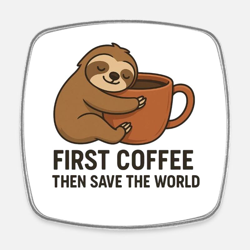 Sloth Coffee Morning: Save the World - Square fridge magnet - white