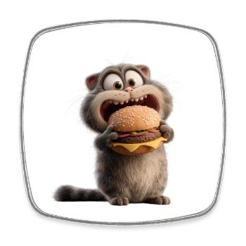 Cat with Burger Hungry Funny Food Bowl Animal - Square fridge magnet - white - Front