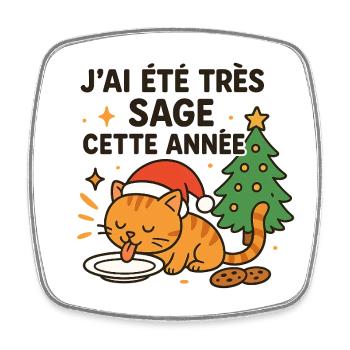 Chat Noël Sage et Gourmand - Magnet carré - blanc - Devant
