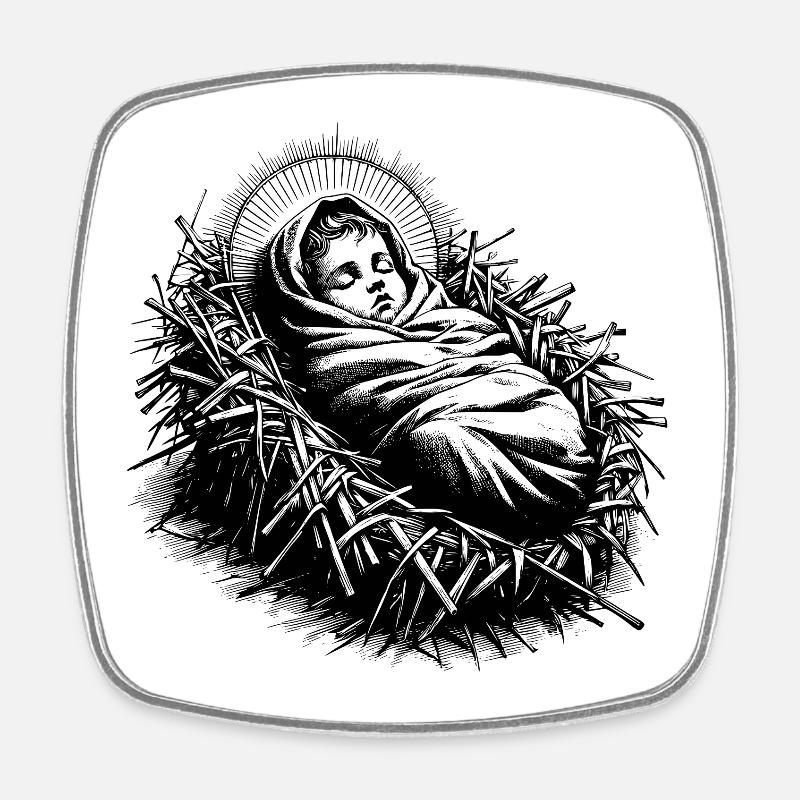 Le Bébé Jésus né dans la crèche de Noël - Magnet carré - blanc