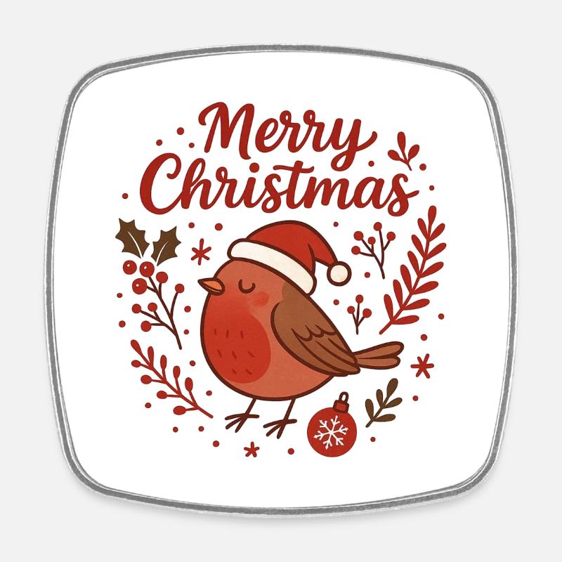 Robin mit Santa Hut – Merry Christmas - Viereckiger Kühlschrankmagnet - Weiß