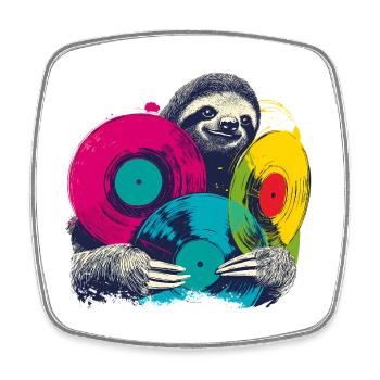 Paresseux avec disques vinyles, pop art amateur de musique - Magnet carré - blanc - Devant