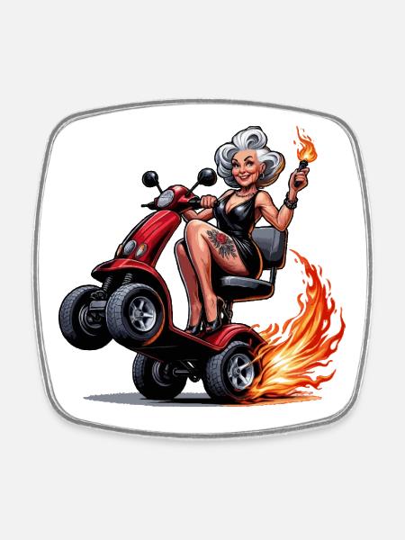 Tattoo granny on mobility scooter - Square fridge magnet - white