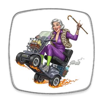 Granny purple on racing mobility scooter - Square fridge magnet - white - Front