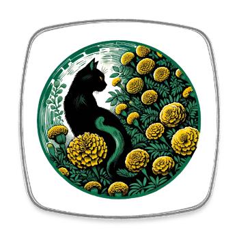 Mitternachtskatze zwischen goldenen Ringelblumen - Viereckiger Kühlschrankmagnet - Weiß - Vorne