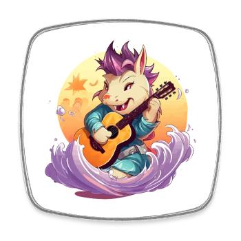 Kawaii Drache mit Gitarre am Meer - Viereckiger Kühlschrankmagnet - Weiß - Vorne