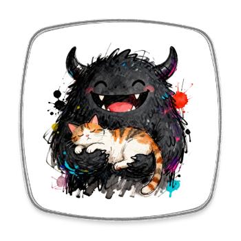 Monstre rieur câlin avec un chat dans les bras - Magnet carré - blanc - Devant