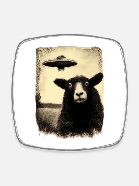 UFO Sheep in Vintage Sketch Style - Square fridge magnet - white