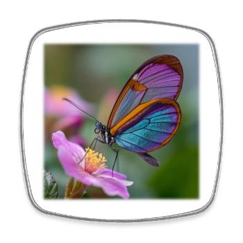 Iridescent butterfly on delicate flower - Square fridge magnet - white - Front