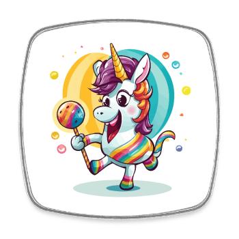 Regenbogen-Einhorn mit Lutscher - Viereckiger Kühlschrankmagnet - Weiß - Vorne