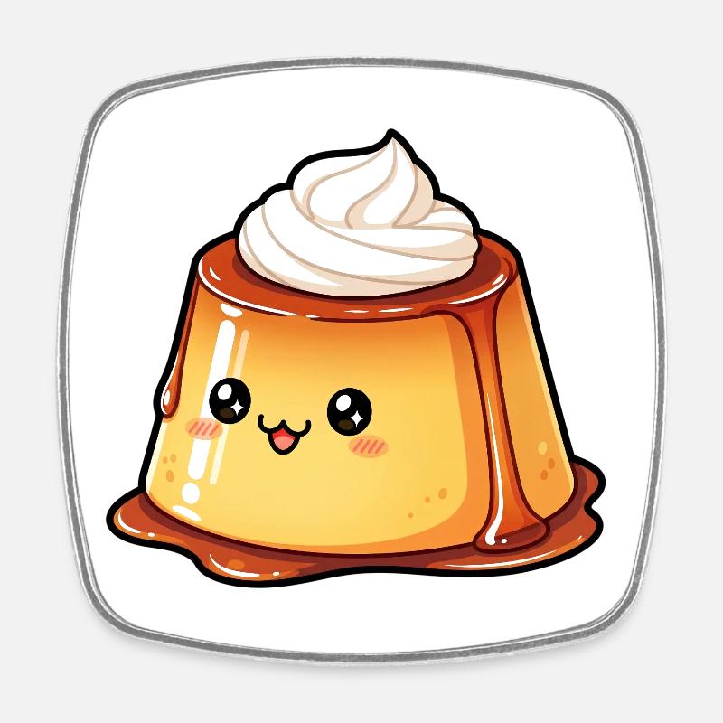 Pudding au caramel kawaï - Magnet carré - blanc