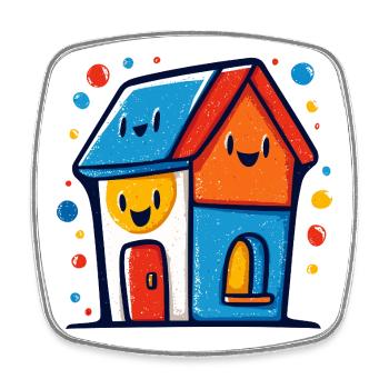 Buntes Haus-Trio mit lachenden Gesichtern - Viereckiger Kühlschrankmagnet - Weiß - Vorne